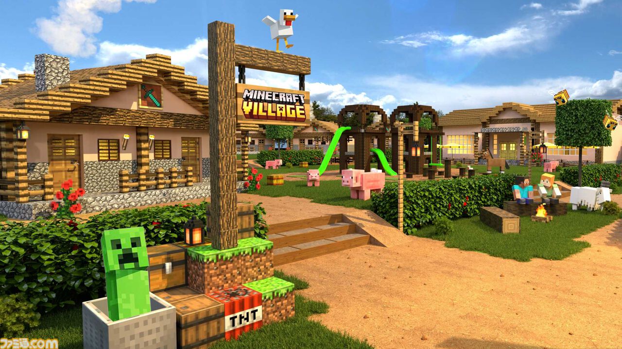 Minecraft attraction concept art with blocky scenery and mobs