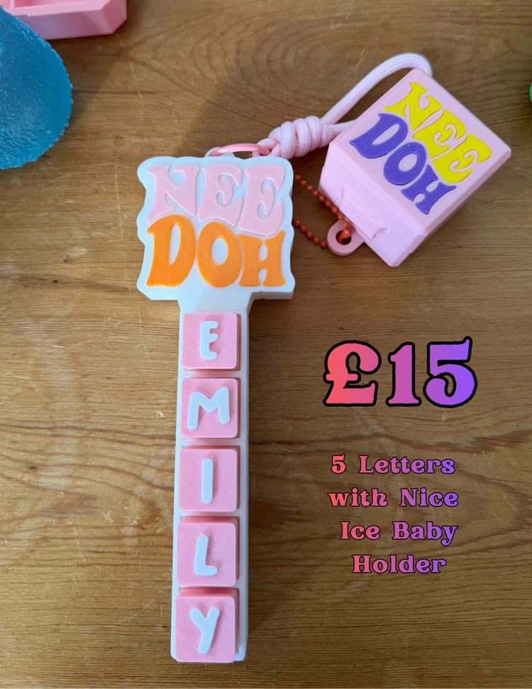 Five-letter Emily name bar with a pink Nice Ice Baby container keyring