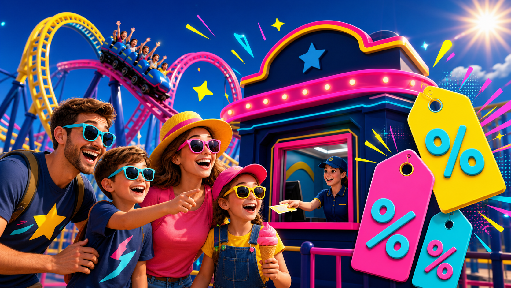 Bright theme park ticket booth with summer savings discount tags